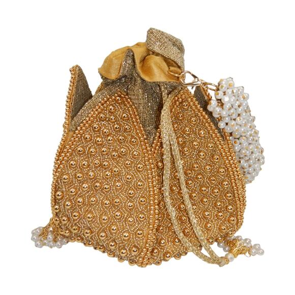Ramla Handcrafted Lotus Pearl Beaded Embellished Potli Bag Gold - Picture 1 of 9